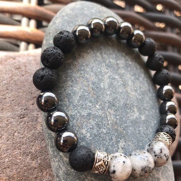 Handmade stretch bracelet,sesame Jasper beads,lava beads and hematite, size S/M - Picture 4 of 10